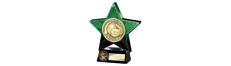 SUPERSTAR GREEN FOOTBALL GOALKEEPER RESIN TROPHY - 2 SIZES - 11CM & 14CM SUPERSTAR GREEN FOOTBALL GOALKEEPER RESIN TROPHY - 2 SIZES - 11CM & 14CM